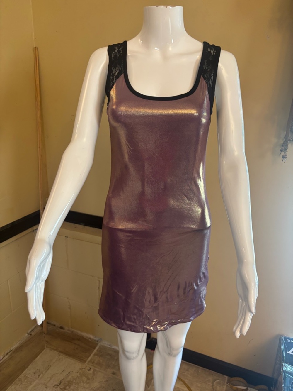 Metallic Purple Slip Dress with Black Lace Straps